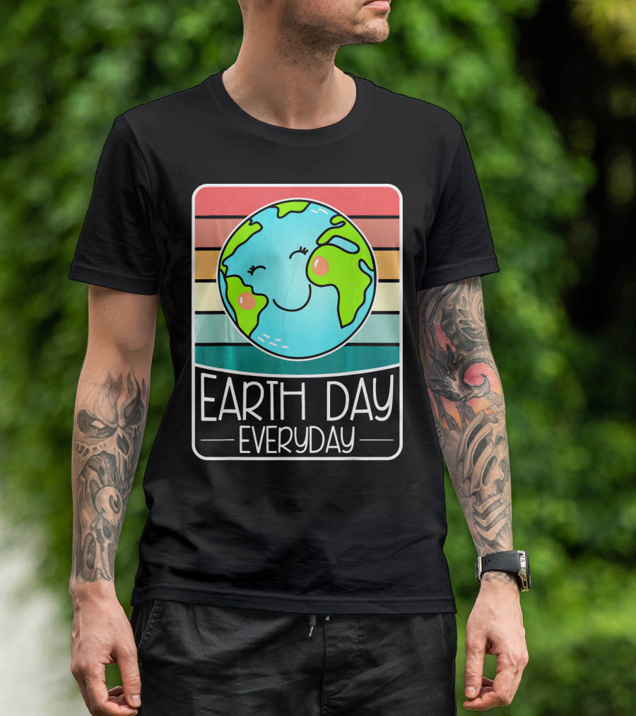 Earth Day Everyday Smiling Earth On Retro Stripes T-Shirt