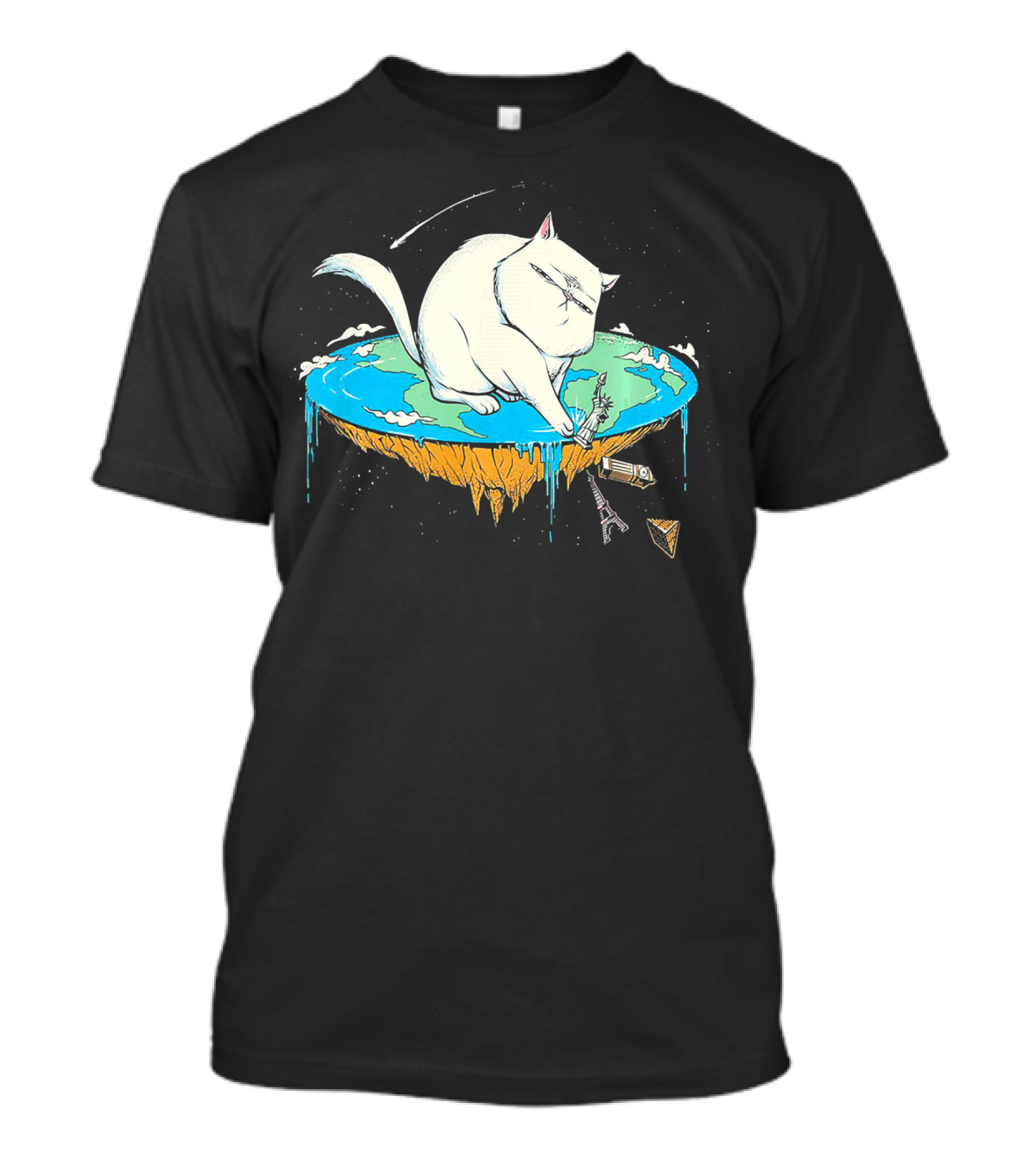 Funny Cat Flat Earth Concept With Cat Playing On Flat World T-Shirt