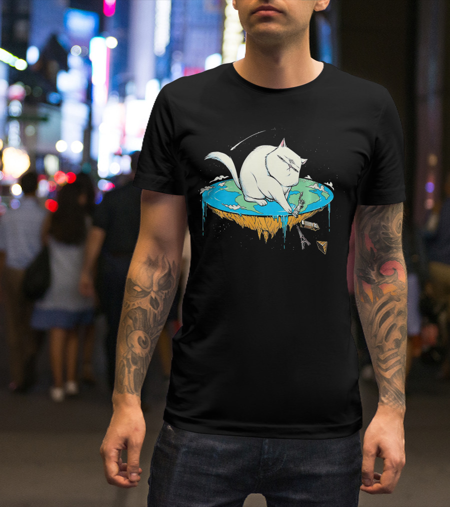 Funny Cat Flat Earth Concept With Cat Playing On Flat World T-Shirt
