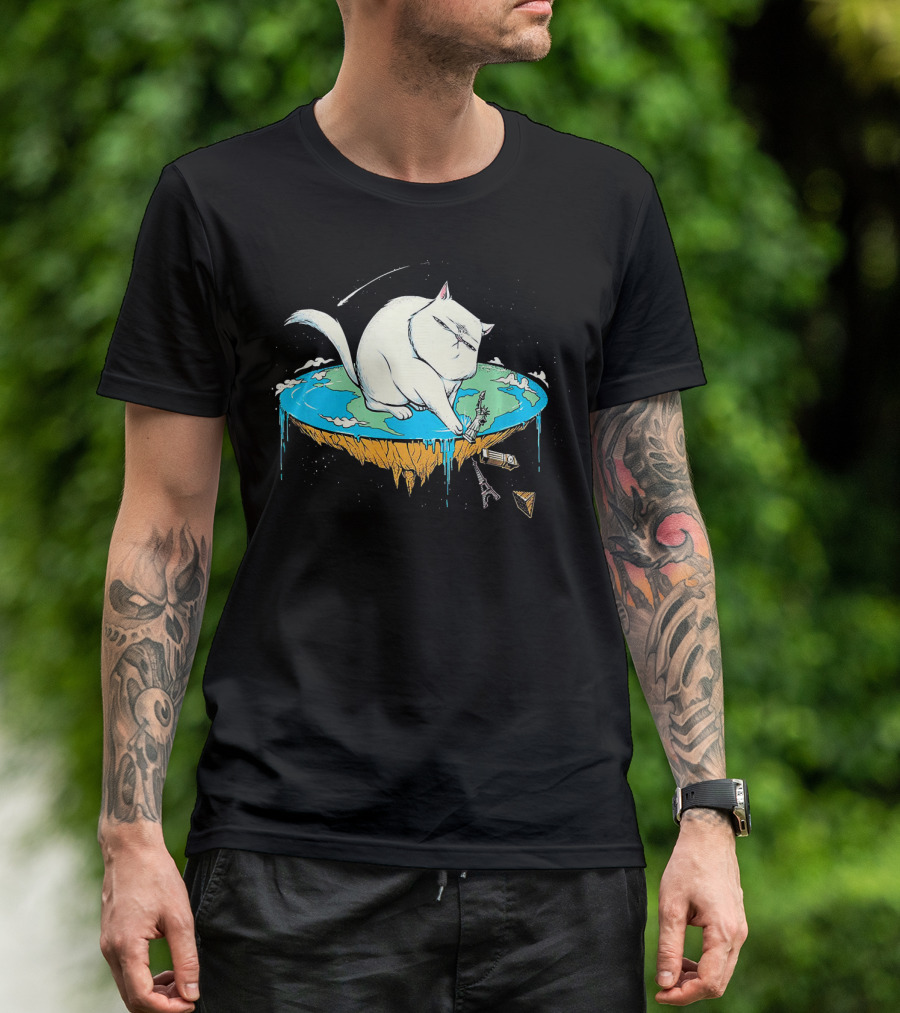 Funny Cat Flat Earth Concept With Cat Playing On Flat World T-Shirt
