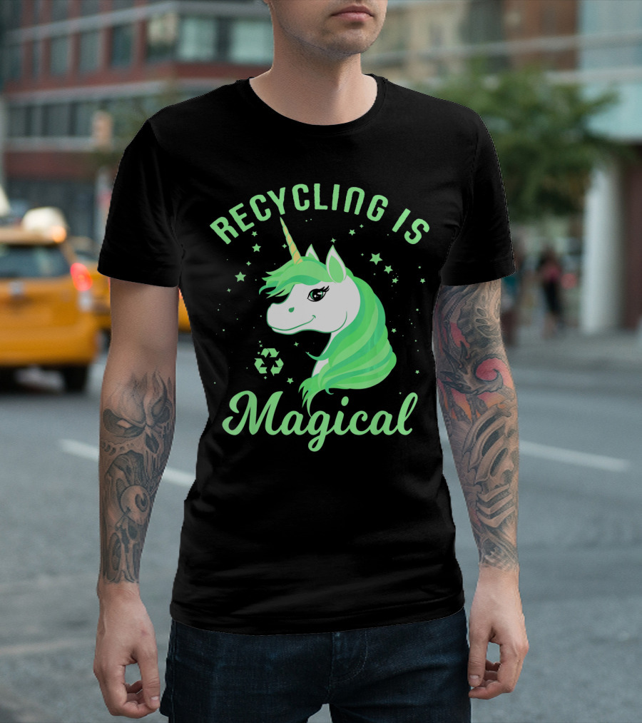 Recycling Is Magical Unicorn Earth Day Green T-Shirt