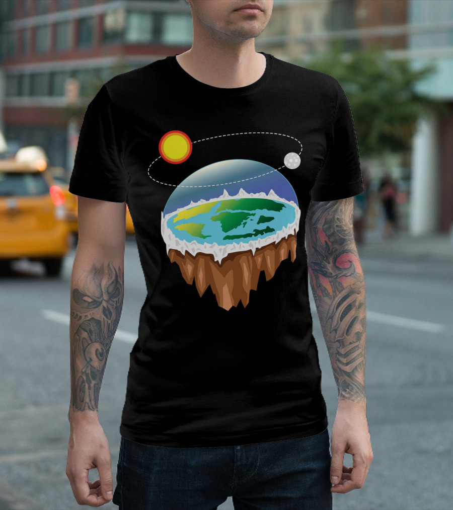 Flat Earth Ice Wall with Floating Sun and Moon Elements T-Shirt
