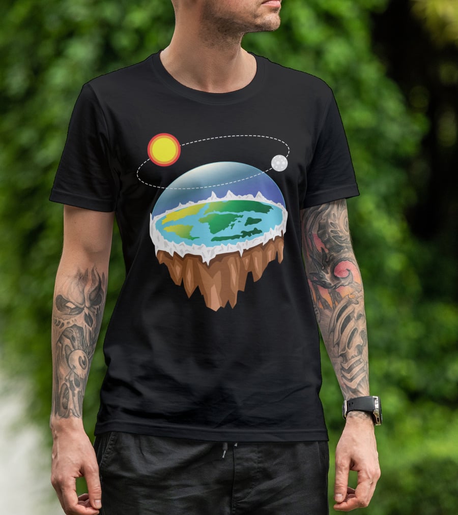 Flat Earth Ice Wall With Floating Sun And Moon Elements T-Shirt