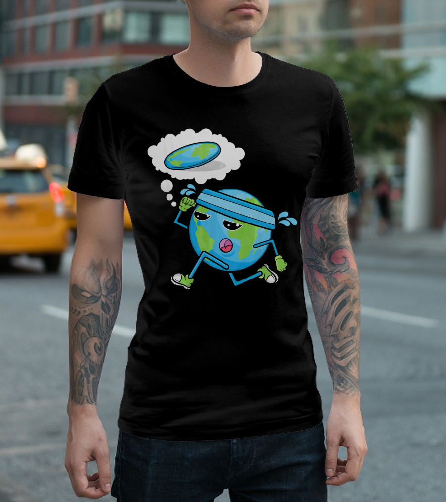 Flat Earth Gym Runner Cartoon With Sweatband And Sneakers T-Shirt