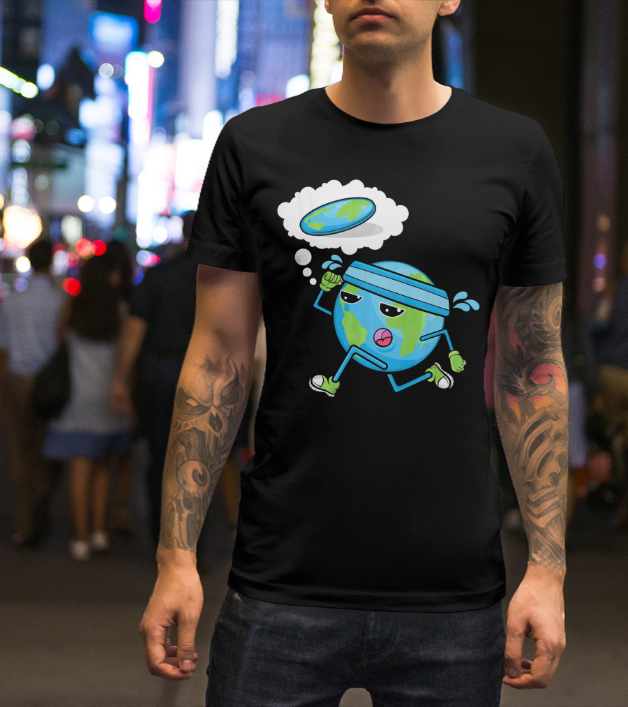 Flat Earth Gym Runner Cartoon With Sweatband And Sneakers T-Shirt