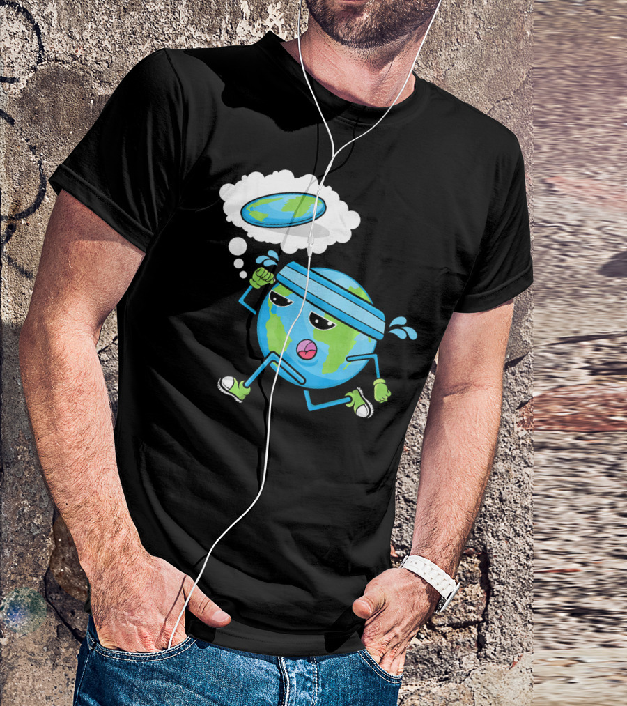 Flat Earth Gym Runner Cartoon With Sweatband And Sneakers T-Shirt