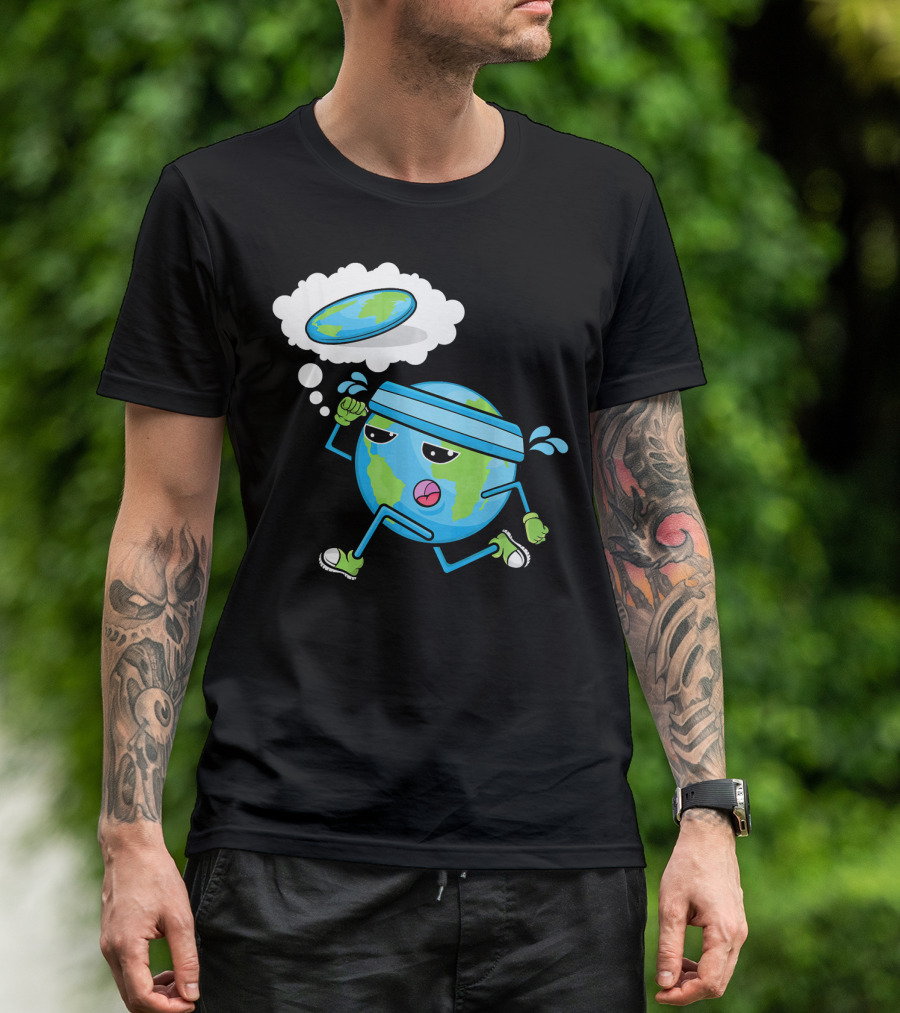 Flat Earth Gym Runner Cartoon With Sweatband And Sneakers T-Shirt