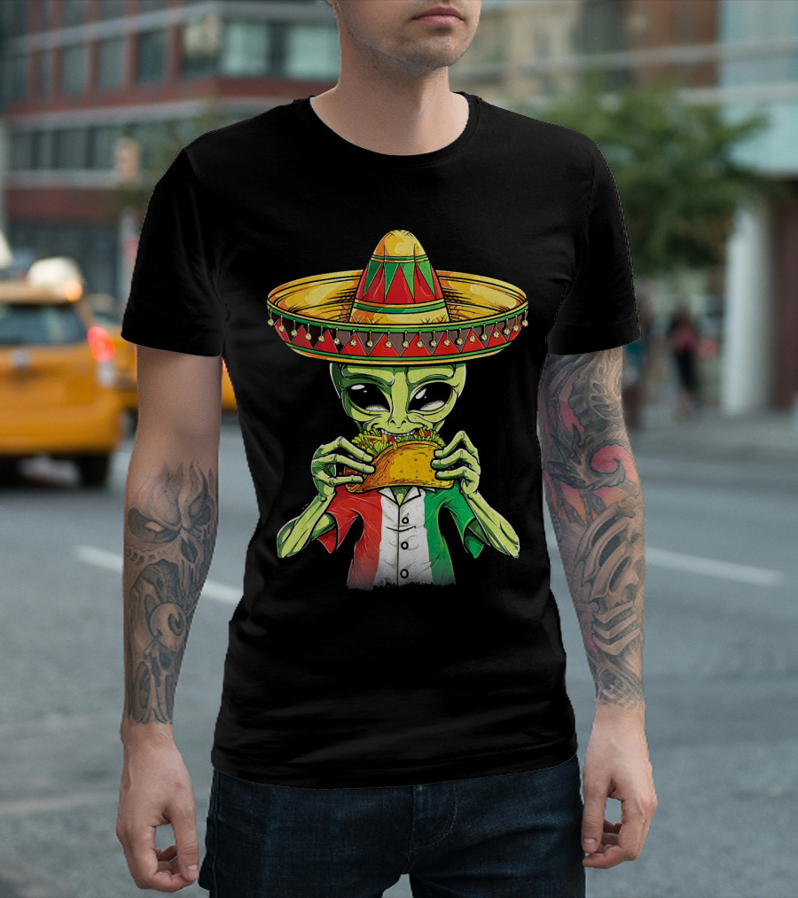 Cinco De Mayo Alien with Sombrero Eating Taco T-Shirt
