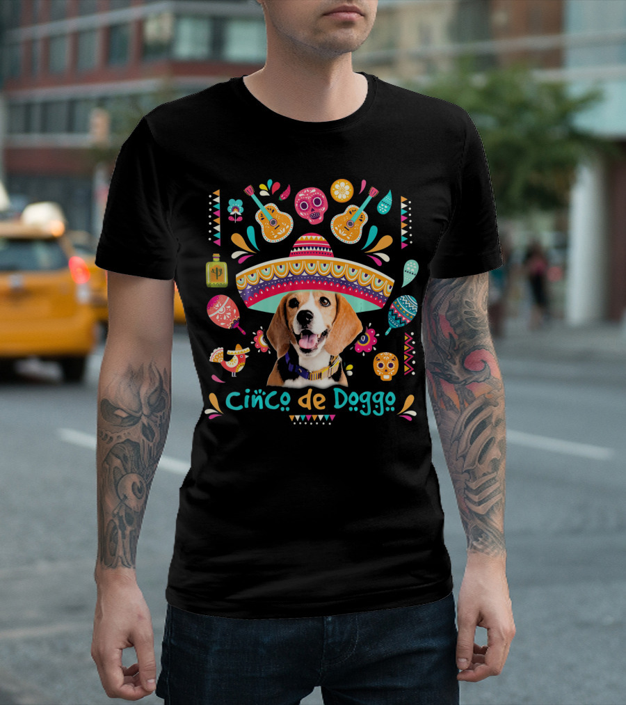 Cinco de Doggo Beagle Sombrero Sugar Skulls Guitars Fiesta Elements T-Shirt