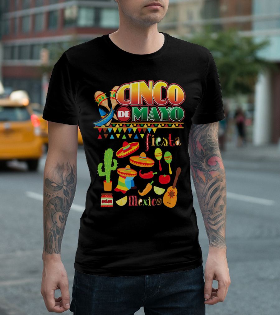 Cinco De Mayo Fiesta Mexico Cactus Sombrero Maracas Guitar Lime Chilli Peppers Icons T-Shirt