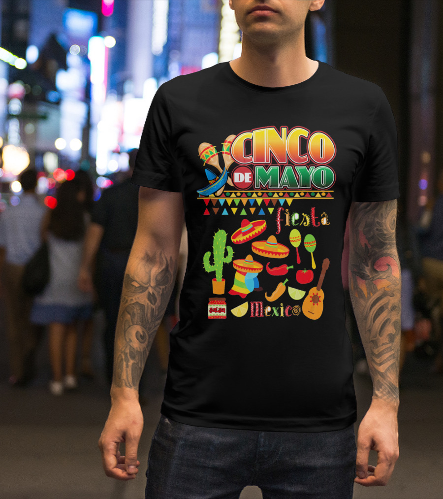 Cinco De Mayo Fiesta Mexico Cactus Sombrero Maracas Guitar Lime Chilli Peppers Icons T-Shirt