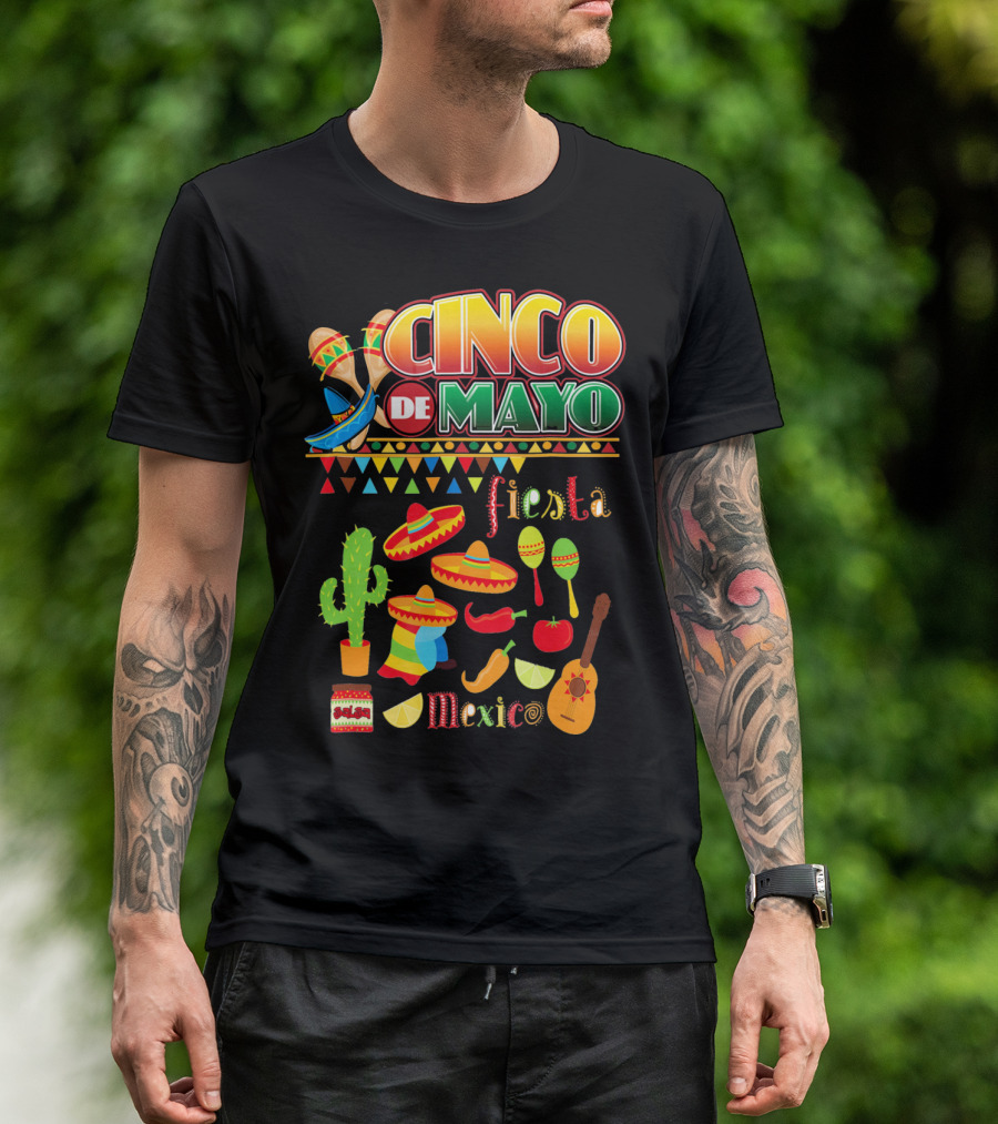 Cinco De Mayo Fiesta Mexico Cactus Sombrero Maracas Guitar Lime Chilli Peppers Icons T-Shirt