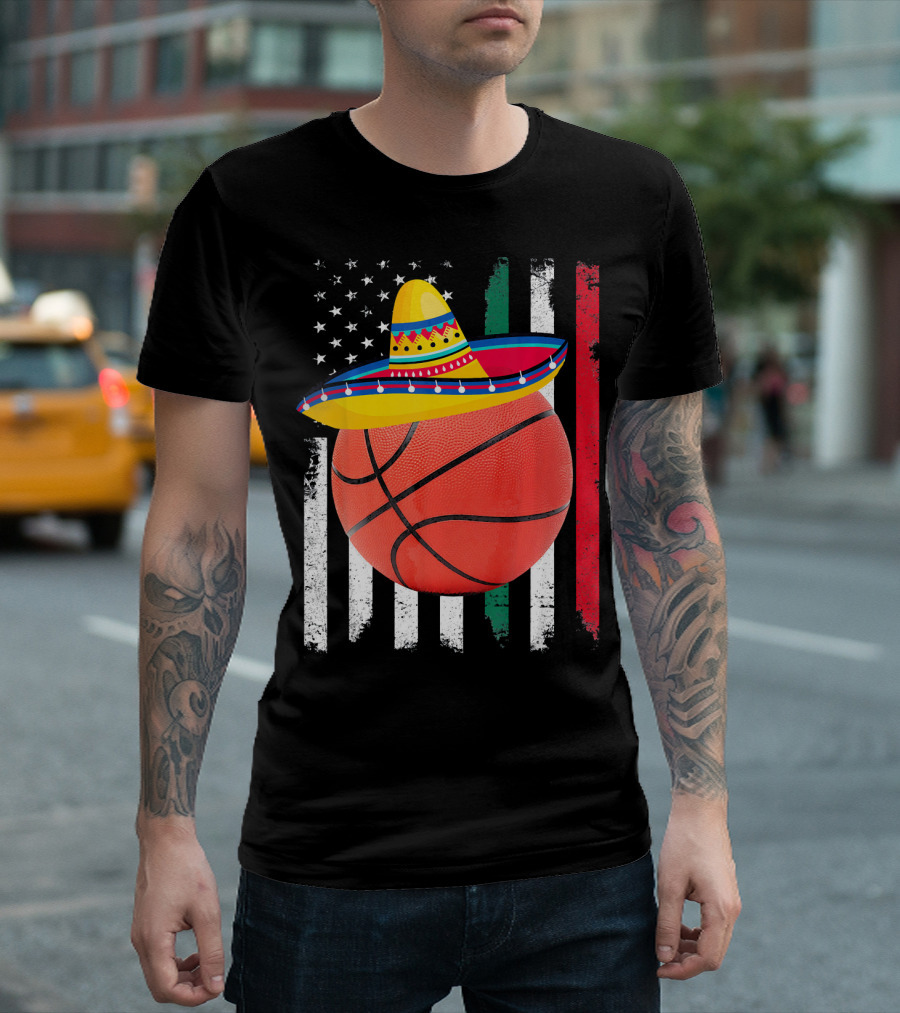 Cinco De Mayo Basketball Sombrero USA Mexico Flag T-Shirt