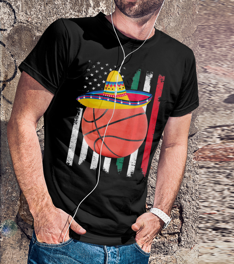 Cinco De Mayo Basketball Sombrero USA Mexico Flag T-Shirt
