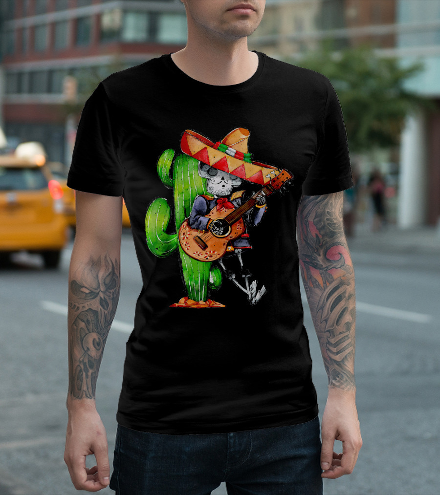 Mexican Independence Cinco De Mayo Mariachi Skeleton With Sombrero And Guitar T-Shirt