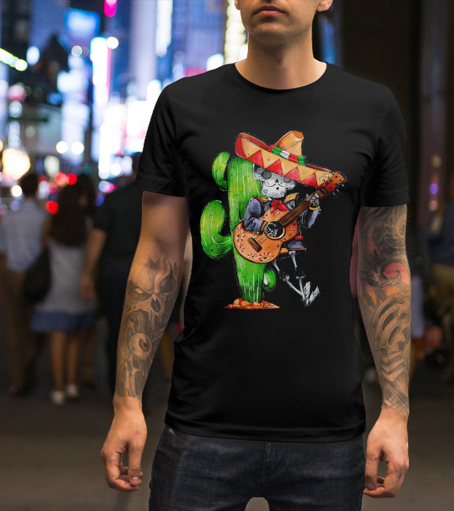 Mexican Independence Cinco De Mayo Mariachi Skeleton With Sombrero And Guitar T-Shirt