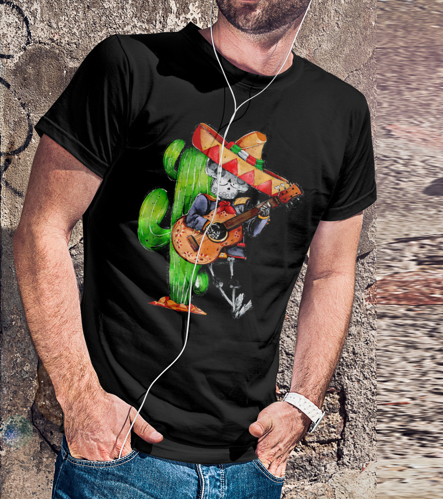 Mexican Independence Cinco De Mayo Mariachi Skeleton With Sombrero And Guitar T-Shirt
