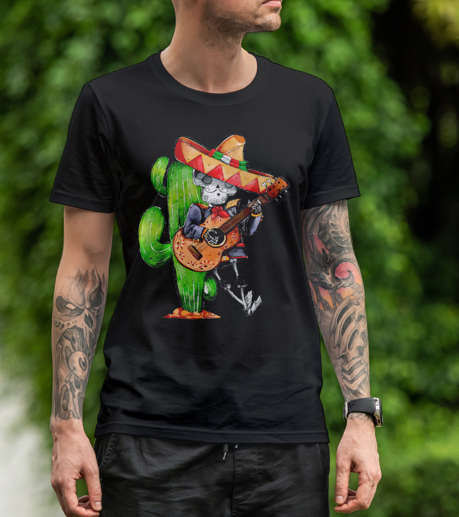 Mexican Independence Cinco De Mayo Mariachi Skeleton With Sombrero And Guitar T-Shirt