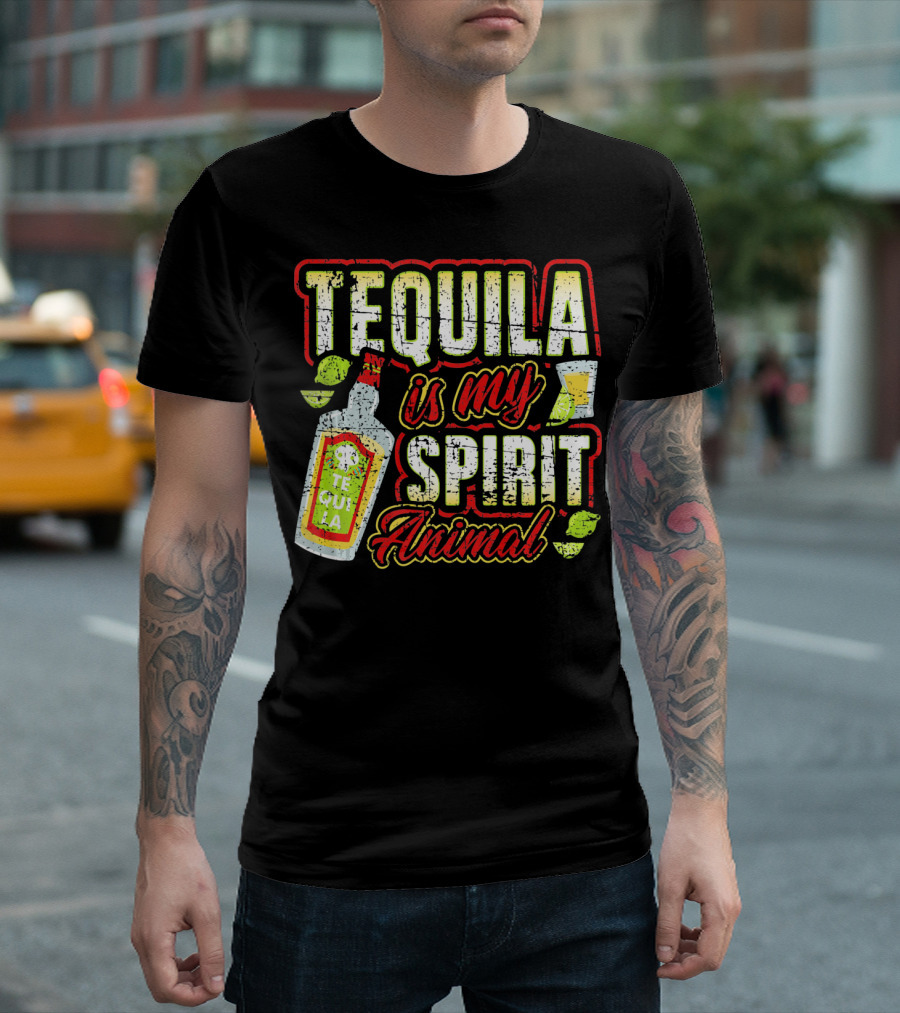 Tequila Is My Spirit Animal Tequila Bottle Lime and Glass T-Shirt