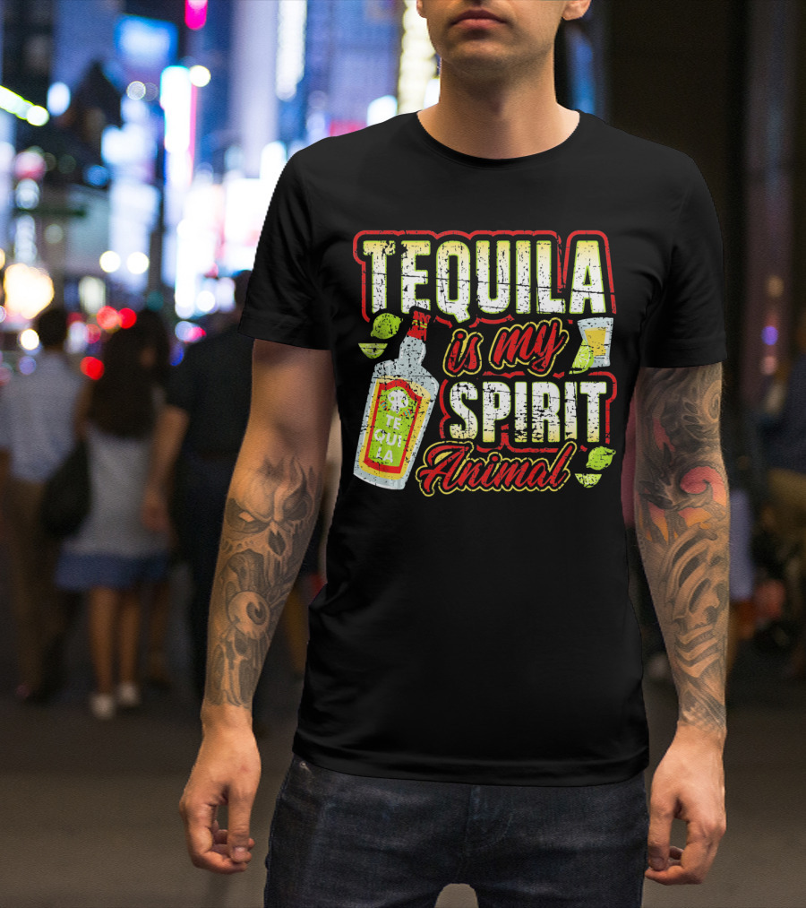 Tequila Is My Spirit Animal Tequila Bottle Lime And Glass T-Shirt