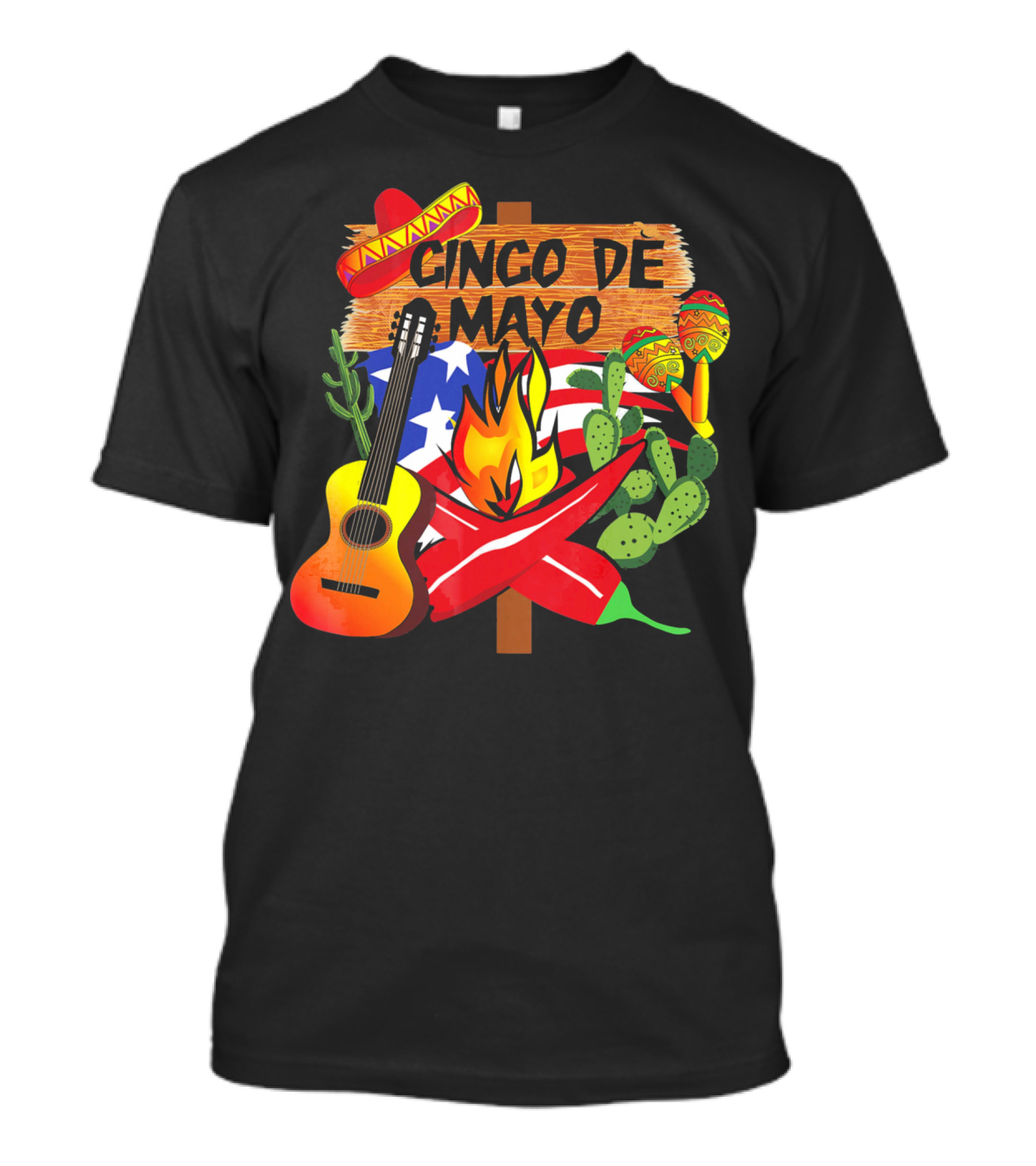 Cinco De Mayo America Loves Mexico With Sombrero Guitar Peppers Cactus And Maracas T-Shirt