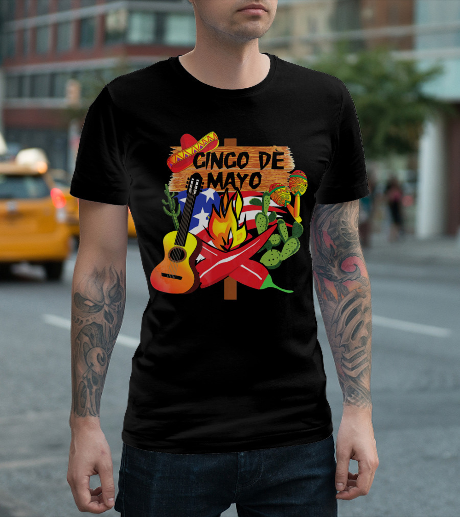 Cinco de Mayo America Loves Mexico with Sombrero Guitar Peppers Cactus and Maracas T-Shirt