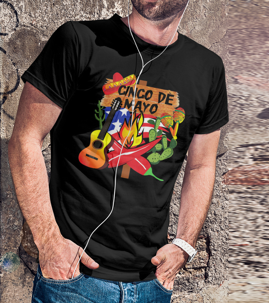 Cinco De Mayo America Loves Mexico With Sombrero Guitar Peppers Cactus And Maracas T-Shirt