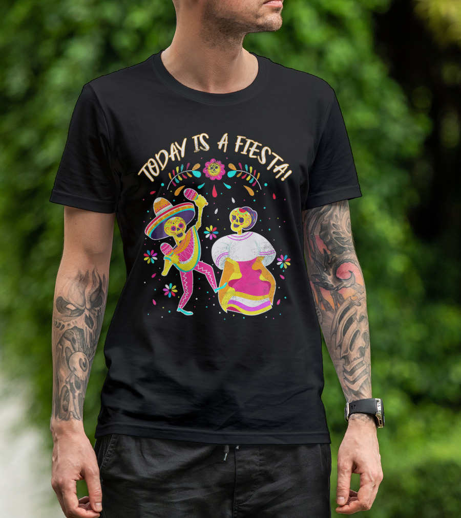 Today Is A Fiesta Cute Sugar Skull Dancing Mariachi And Celebrating Skeleton T-Shirt