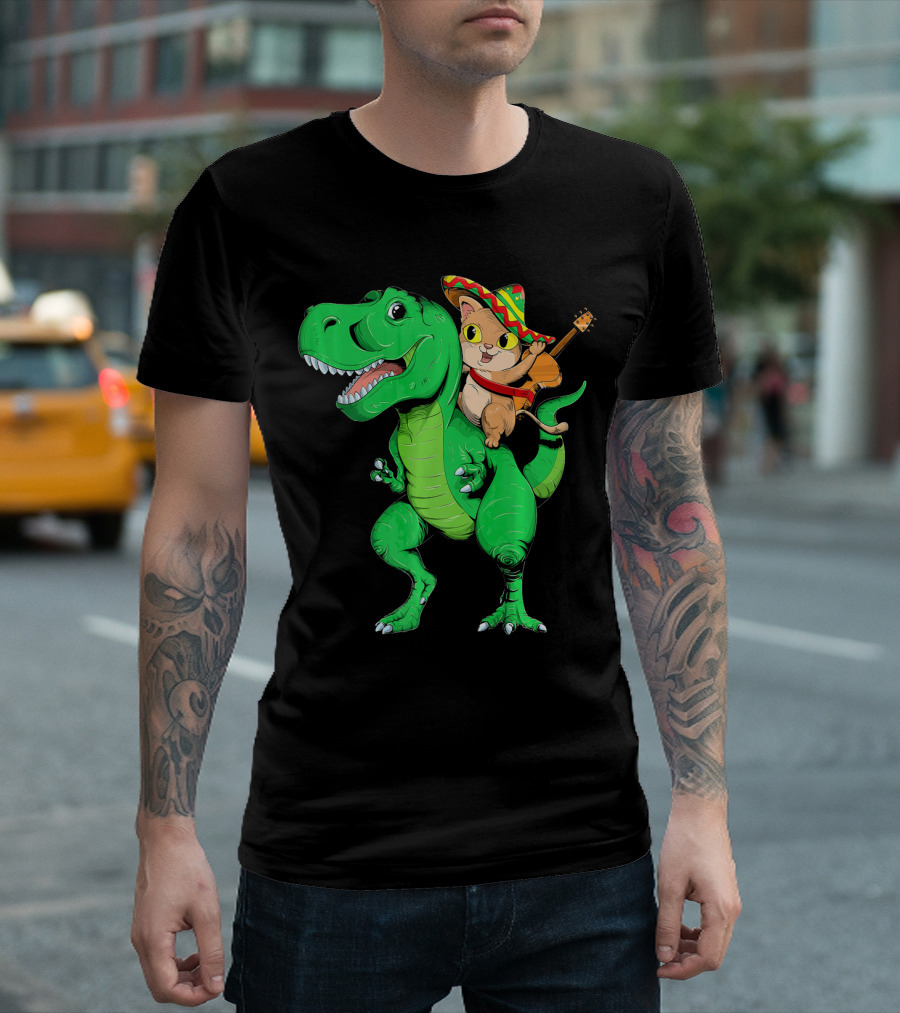 Cinco de Mayo Cat with Sombrero Riding T-Rex T-Shirt