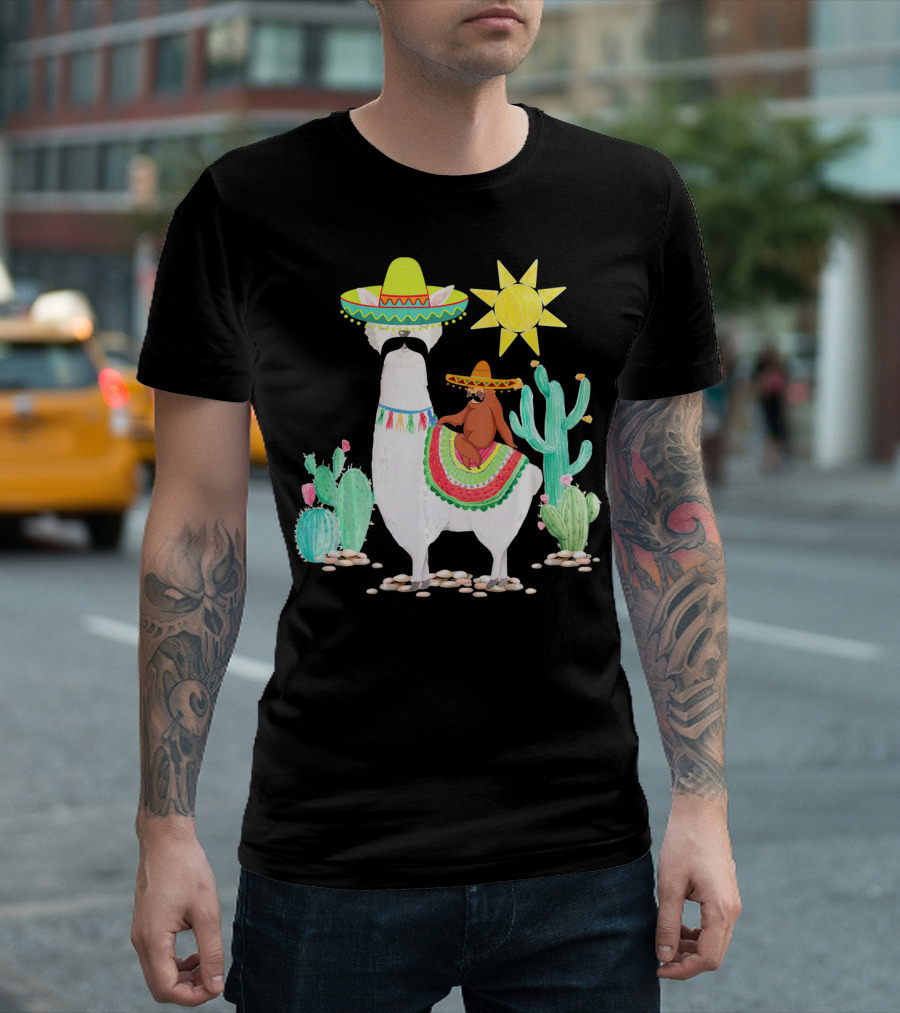 Funny Cinco De Mayo Sloth Riding Llama with Sombrero and Cactus Scene T-Shirt