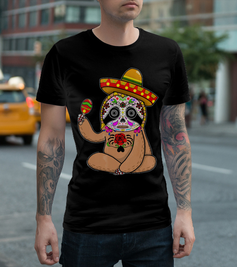Cinco De Mayo Sloth Day of the Dead Sombrero Maracas T-Shirt