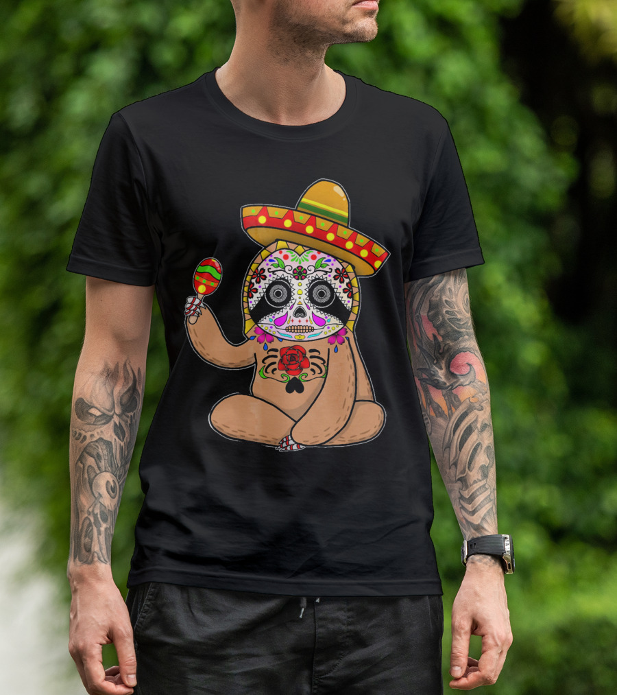 Cinco De Mayo Sloth Day Of The Dead Sombrero Maracas T-Shirt