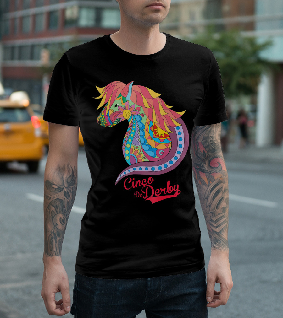 Cinco De Derby Colorful Horse Motif T-Shirt