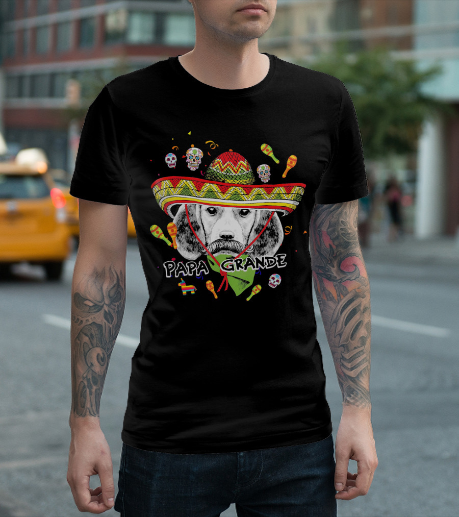 Papa Grande Cinco de Mayo Beagle Sombrero Maracas Skulls Fiesta T-Shirt