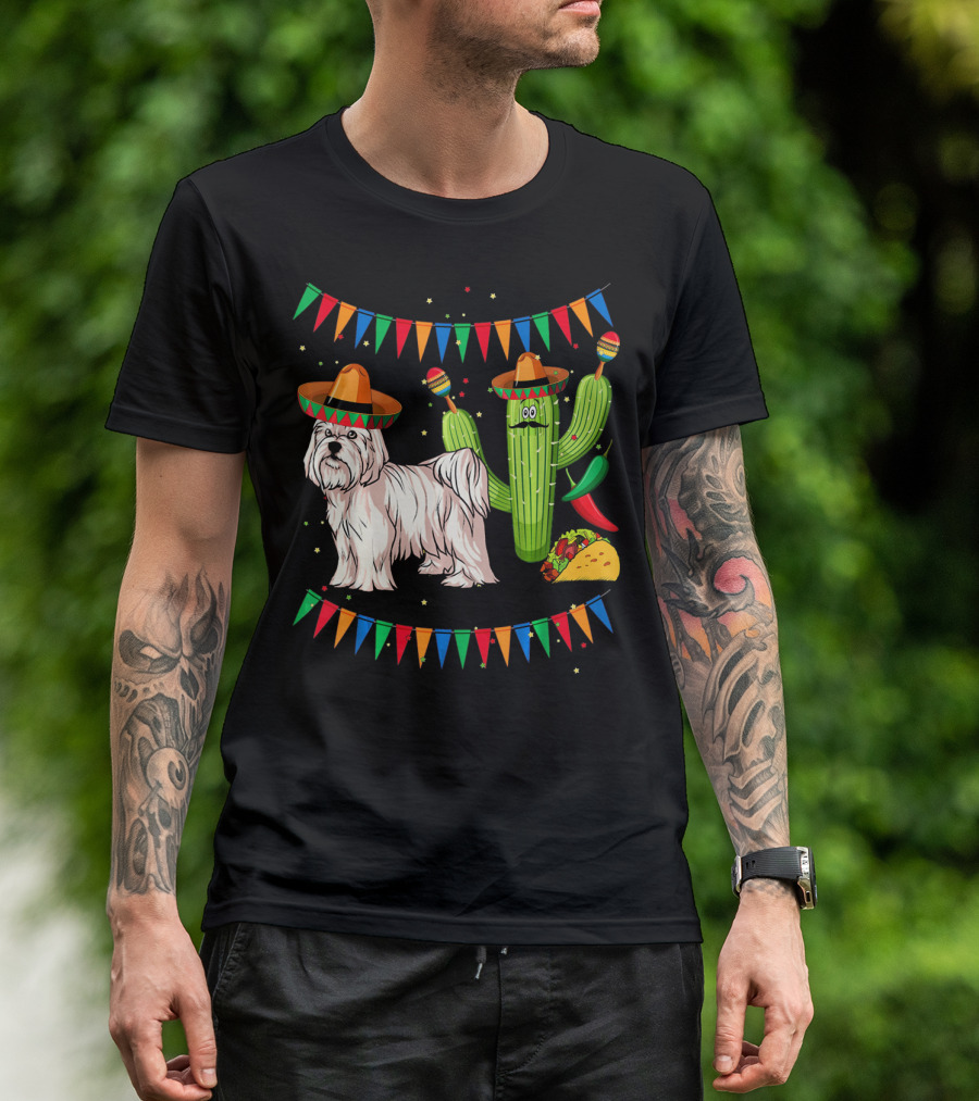 Maltese Dog Sombrero Mexico Cinco De Mayo Cactus Taco Fiesta T-Shirt