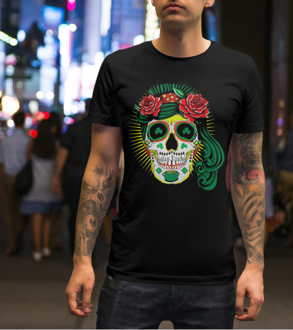Cinco De Mayo St Patricks Day Shamrock Skull Roses T-Shirt