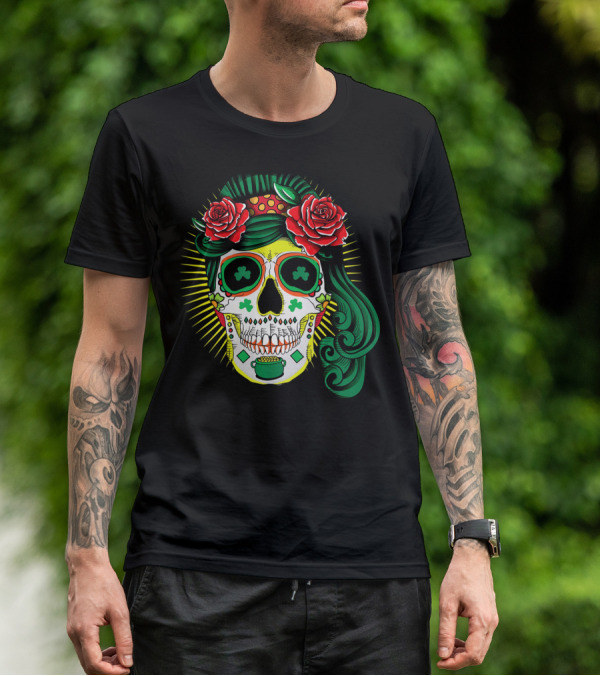 Cinco De Mayo St Patricks Day Shamrock Skull Roses T-Shirt