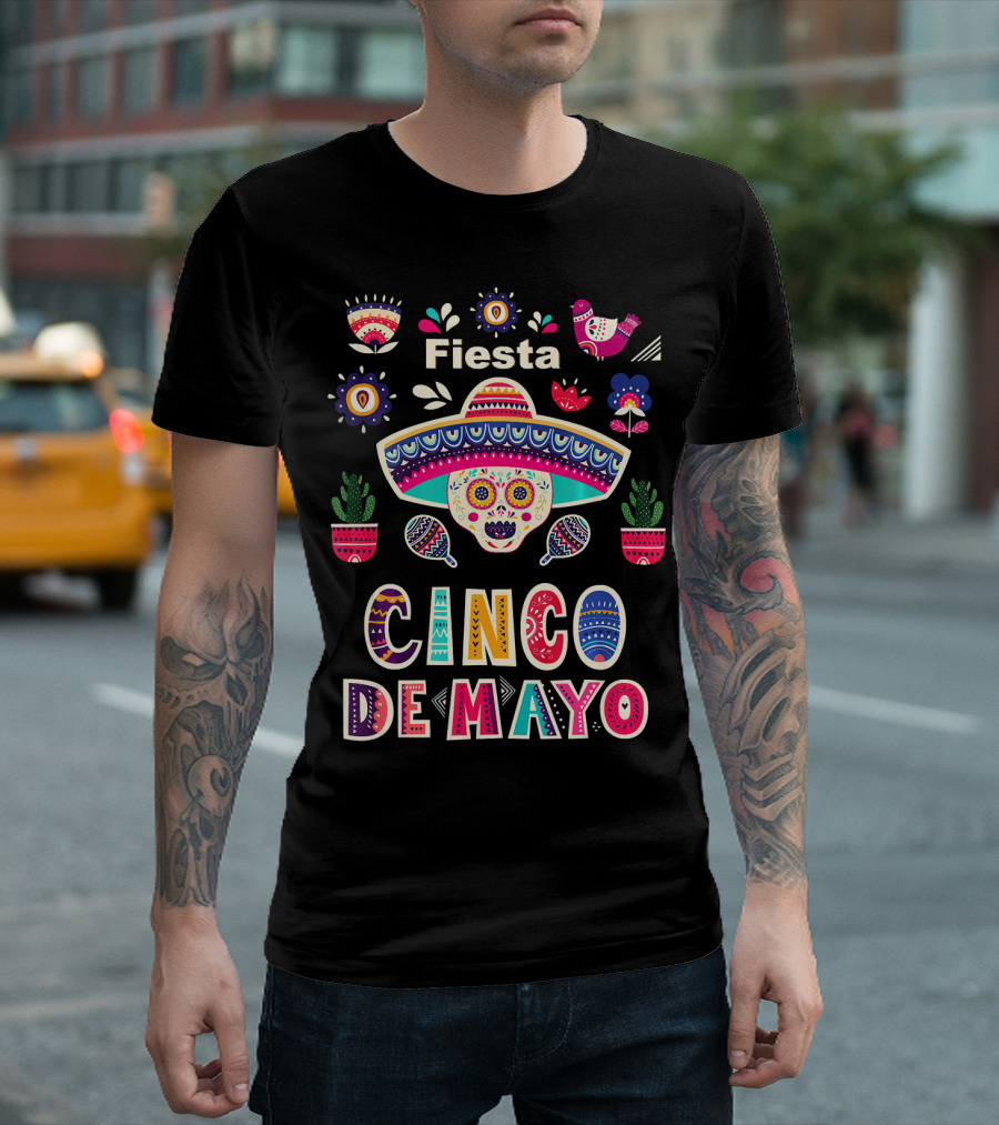 Fiesta Cinco De Mayo Mexico Sugar Skull Sombrero and Floral Elements T-Shirt