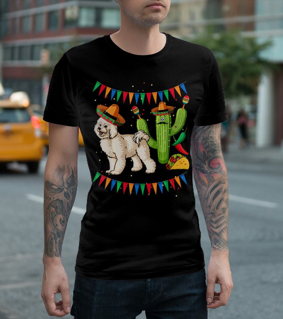 Sombrero Bichon Frise Dog and Cactus with Maracas Mexico Cinco Fiesta T-Shirt