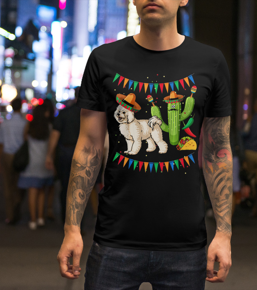 Sombrero Bichon Frise Dog And Cactus With Maracas Mexico Cinco Fiesta T-Shirt