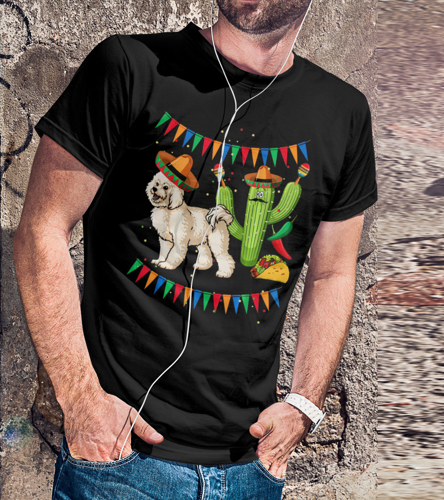 Sombrero Bichon Frise Dog And Cactus With Maracas Mexico Cinco Fiesta T-Shirt