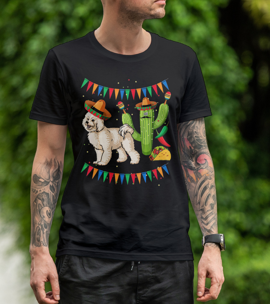 Sombrero Bichon Frise Dog And Cactus With Maracas Mexico Cinco Fiesta T-Shirt