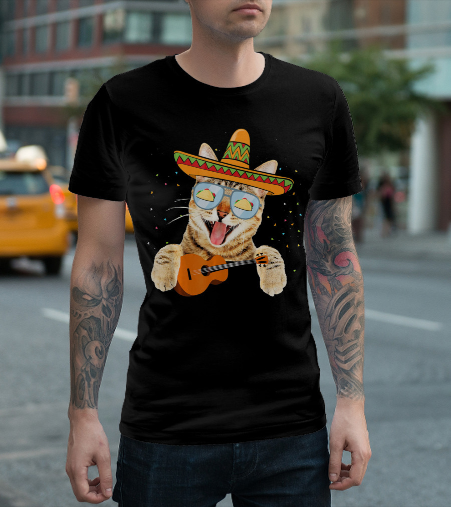 Cinco De Mayo Cat With Sombrero And Guitar T-Shirt