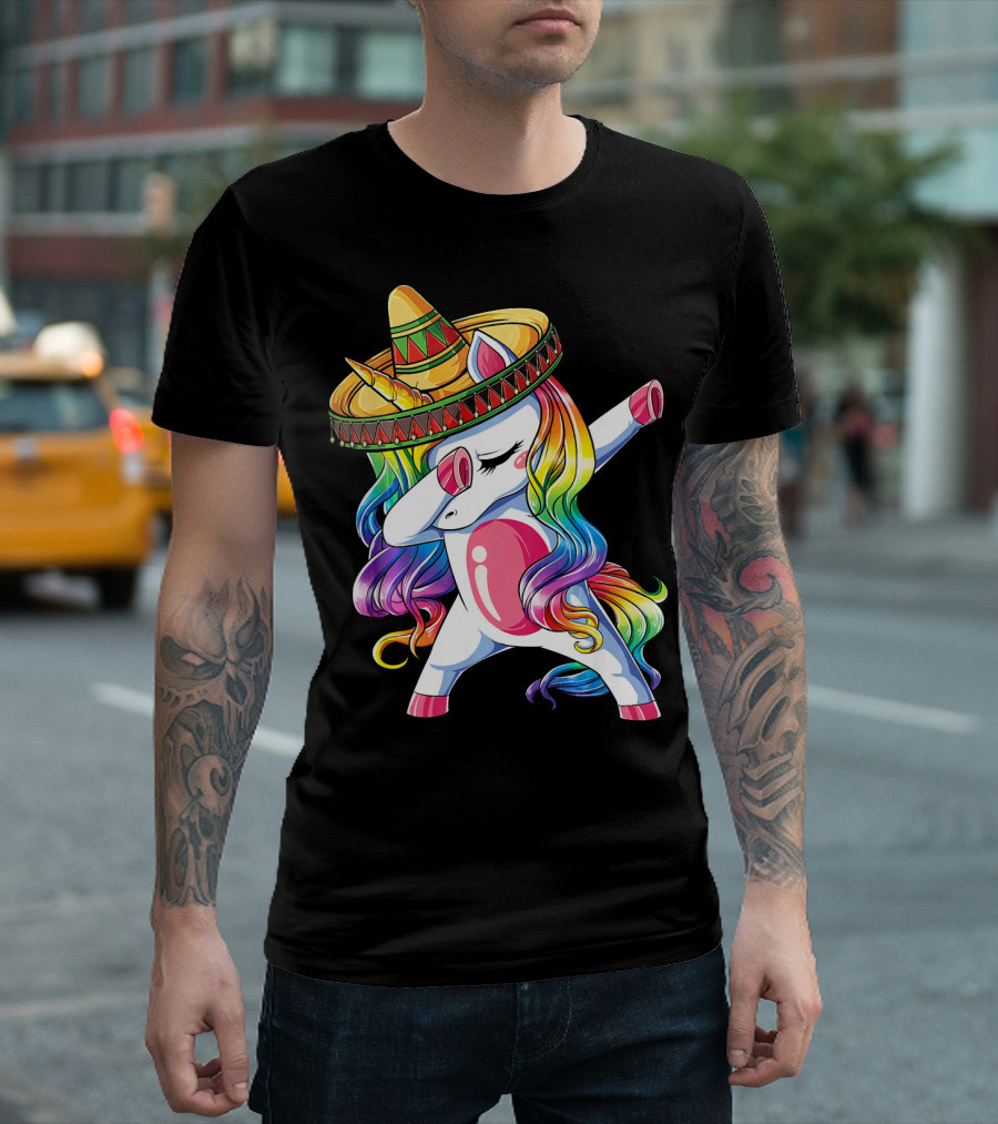 Dabbing Rainbow Unicorn with Sombrero Funny Cinco de Mayo T-Shirt