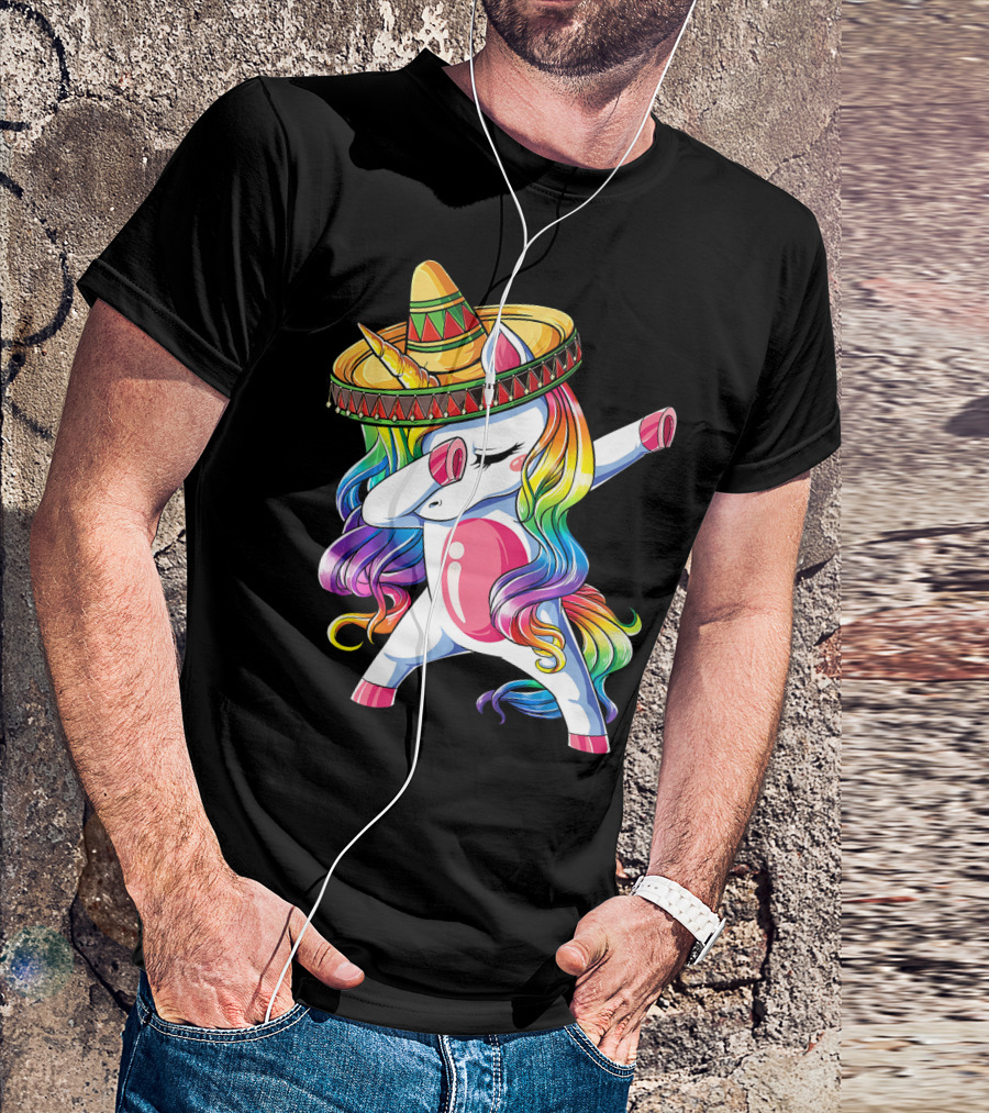 Dabbing Rainbow Unicorn With Sombrero Funny Cinco De Mayo T-Shirt