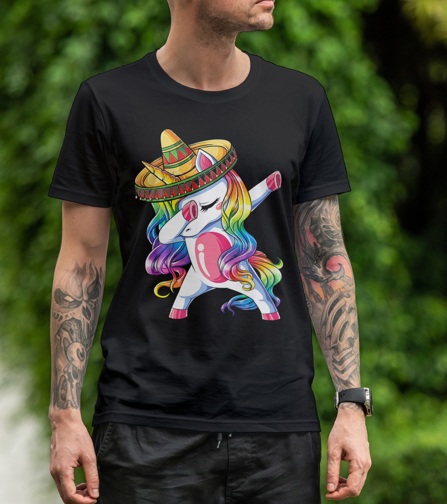 Dabbing Rainbow Unicorn With Sombrero Funny Cinco De Mayo T-Shirt