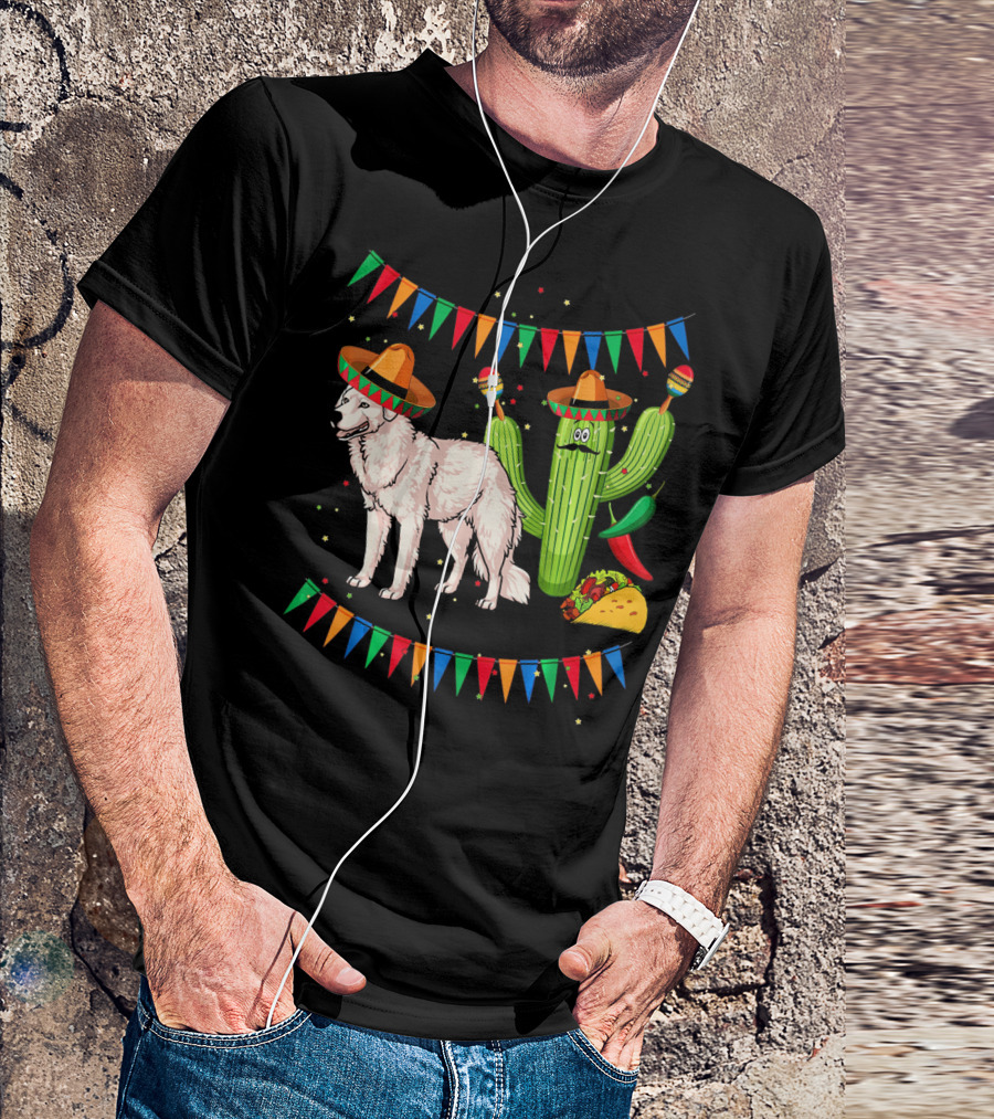 Sombrero Kuvasz Dog Mexican Fiesta With Cactus And Taco Cinco De Mayo T-Shirt