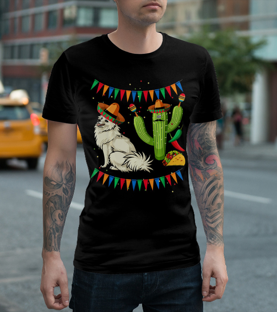 Sombrero American Eskimo Dog Mexico Cactus Fiesta Taco Peppers T-Shirt
