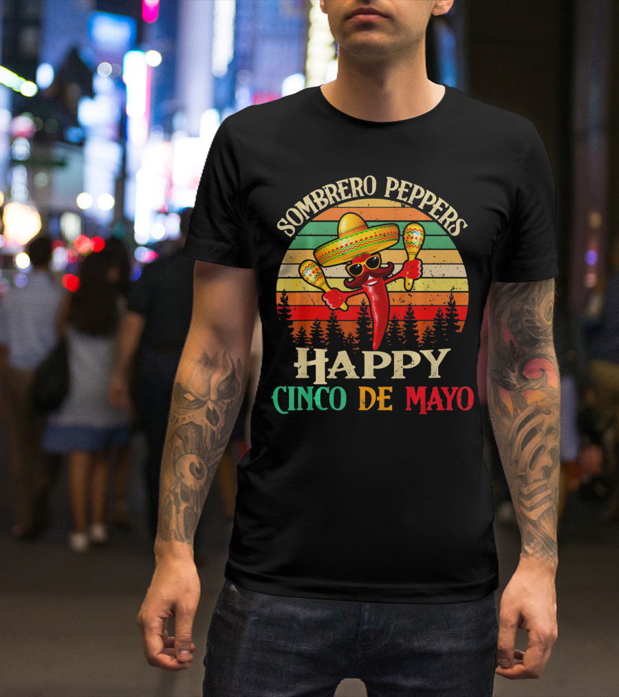 Sombrero Peppers Happy Cinco De Mayo Vintage Sunset T-Shirt