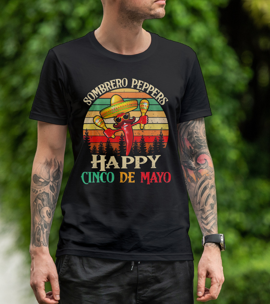 Sombrero Peppers Happy Cinco De Mayo Vintage Sunset T-Shirt
